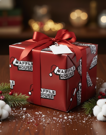 Gift wrapped in red Waffle House holiday paper, each logo wearing a Santa hat, finished with a big red ribbon and surrounded by festive winter décor.