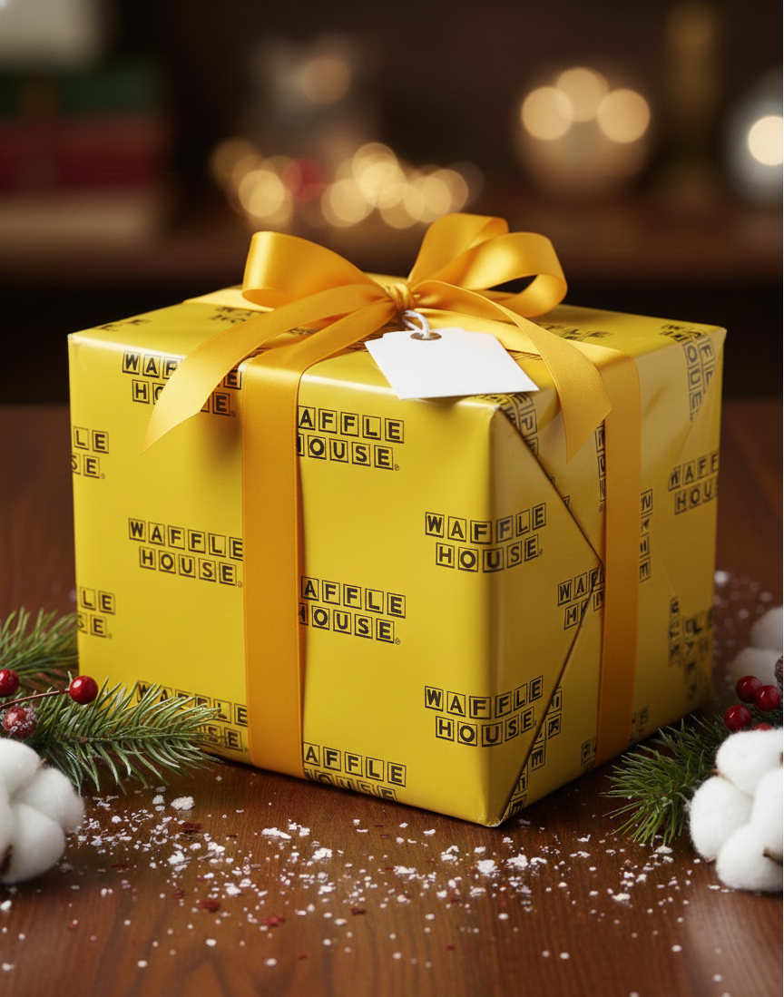 Wrapped gift box covered in yellow Waffle House–patterned paper, tied with a big golden ribbon and surrounded by tiny holiday decorations.