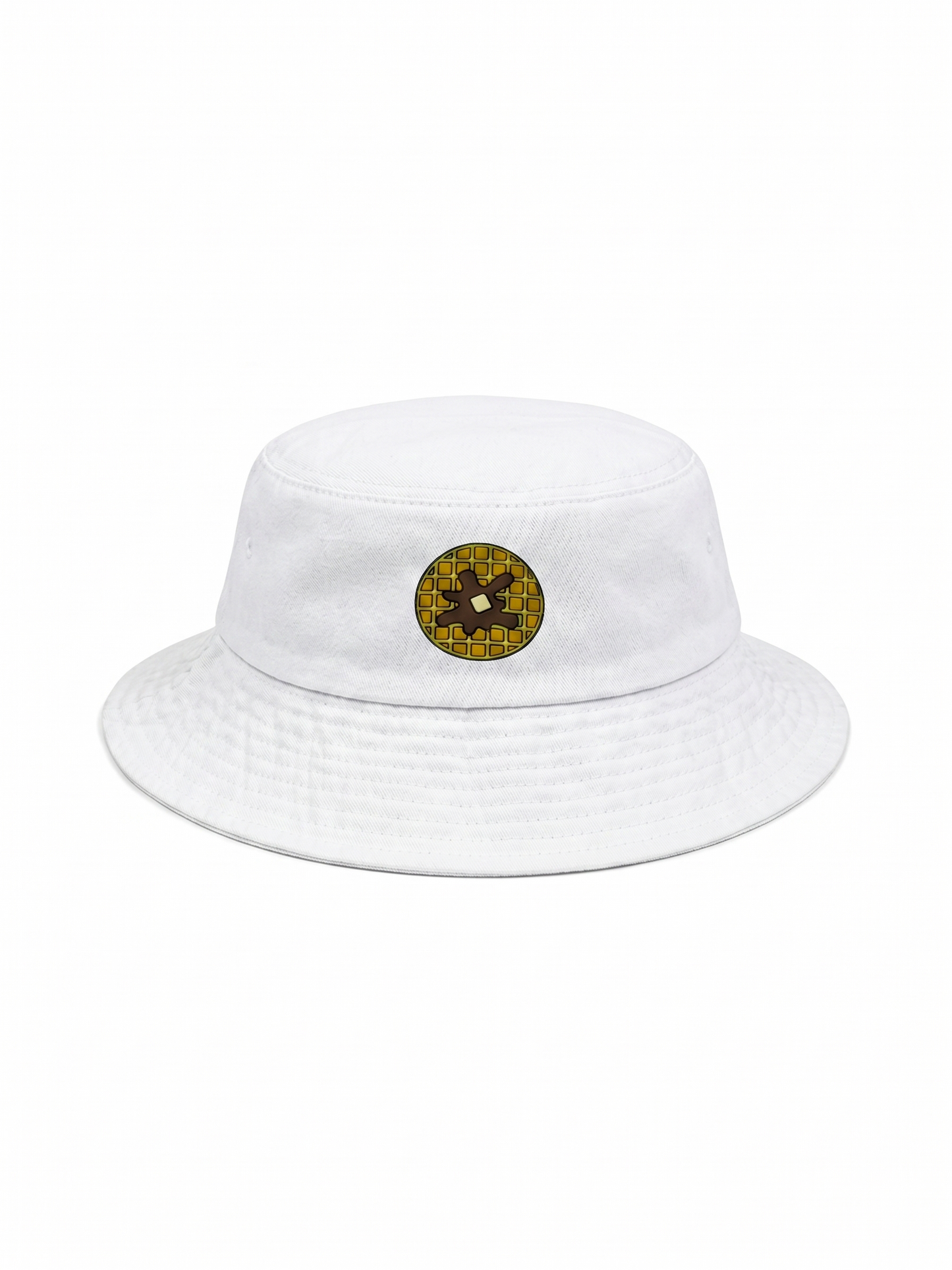 White bucket hat with a circular logo on a white background