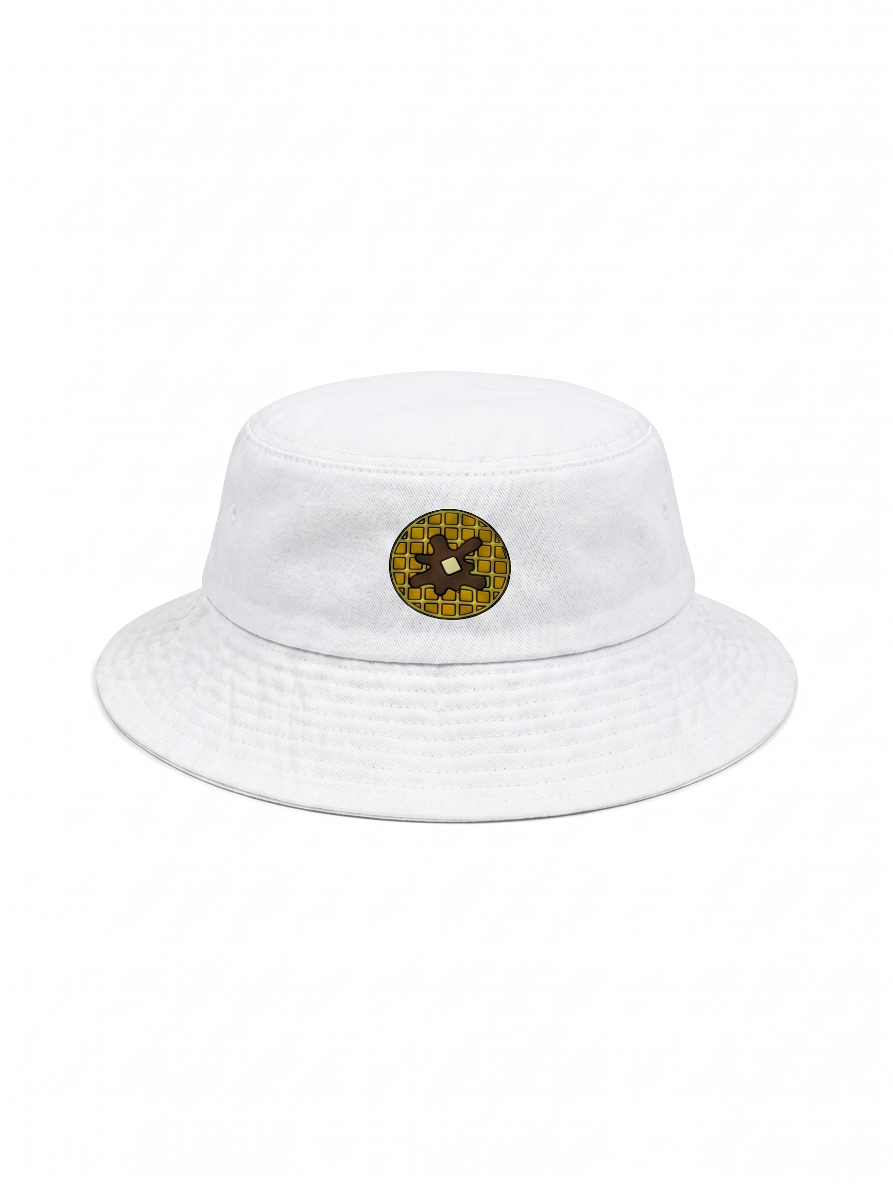 White bucket hat with a circular logo on a white background