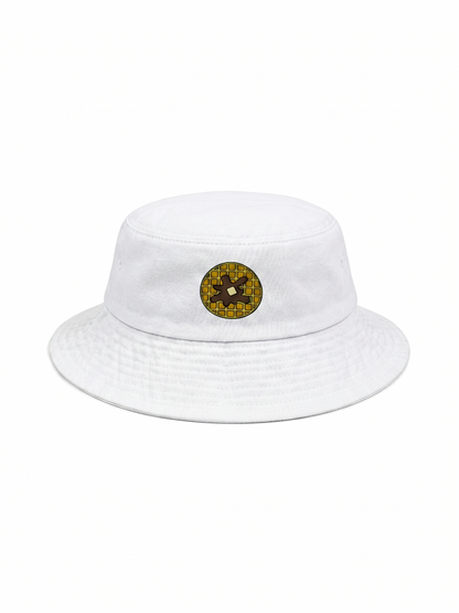 White bucket hat with a circular logo on a white background