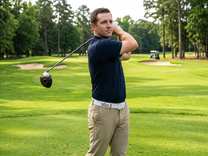 A golfer on a tree-lined fairway finishes his swing, holding a driver over his shoulder. He wears a navy polo, khaki pants, and the white Waffle House golf belt with its dimple texture and yellow and black logo. Sand bunkers and a golf cart sit in the background.