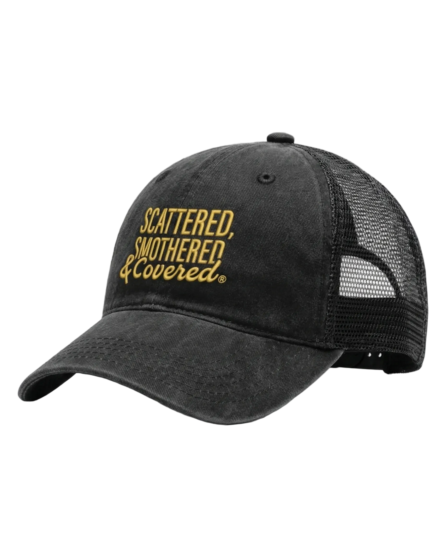 A black trucker-style cap with gold embroidered text reading “Scattered, Smothered & Covered.”