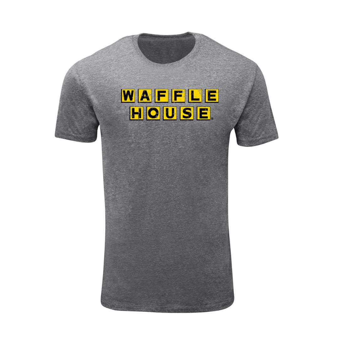 Grey t-shirt with a distressed Waffle House logo on front