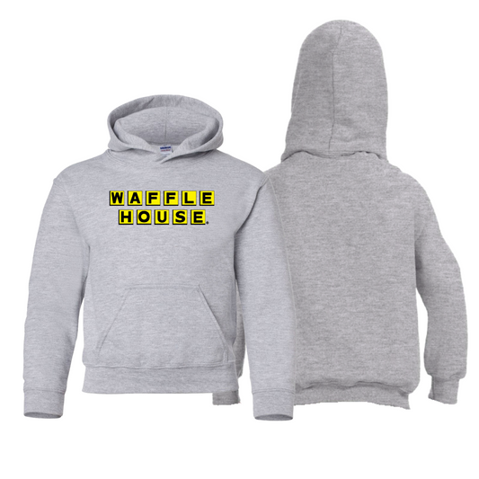 picture of front and back of grey hooded sweatshirt with Waffle House logo in yellow and black on chest