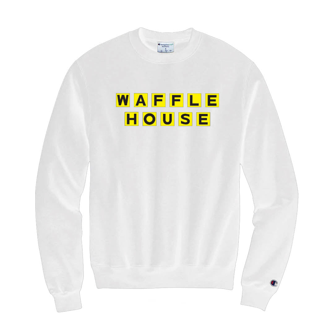 Whit crewneck sweatshirt with yellow and black Waffle House logo.