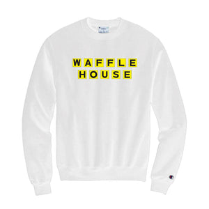 Whit crewneck sweatshirt with yellow and black Waffle House logo.
