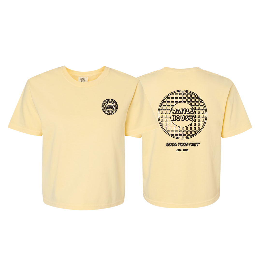 Cropped light yellow t-shirt with retro Waffle House waffle logo on left chest on front and back view of retro logo Waffle House waffle logo and Good Food Fast printed beneath