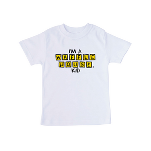 White toddler short sleeve t-shirt with “I’m a Waffle House Kid” printed in yellow and black