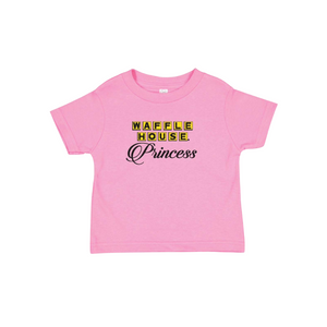 Pink toddler short sleeve t-shirt with “Waffle House Princess” printed in yellow and black
