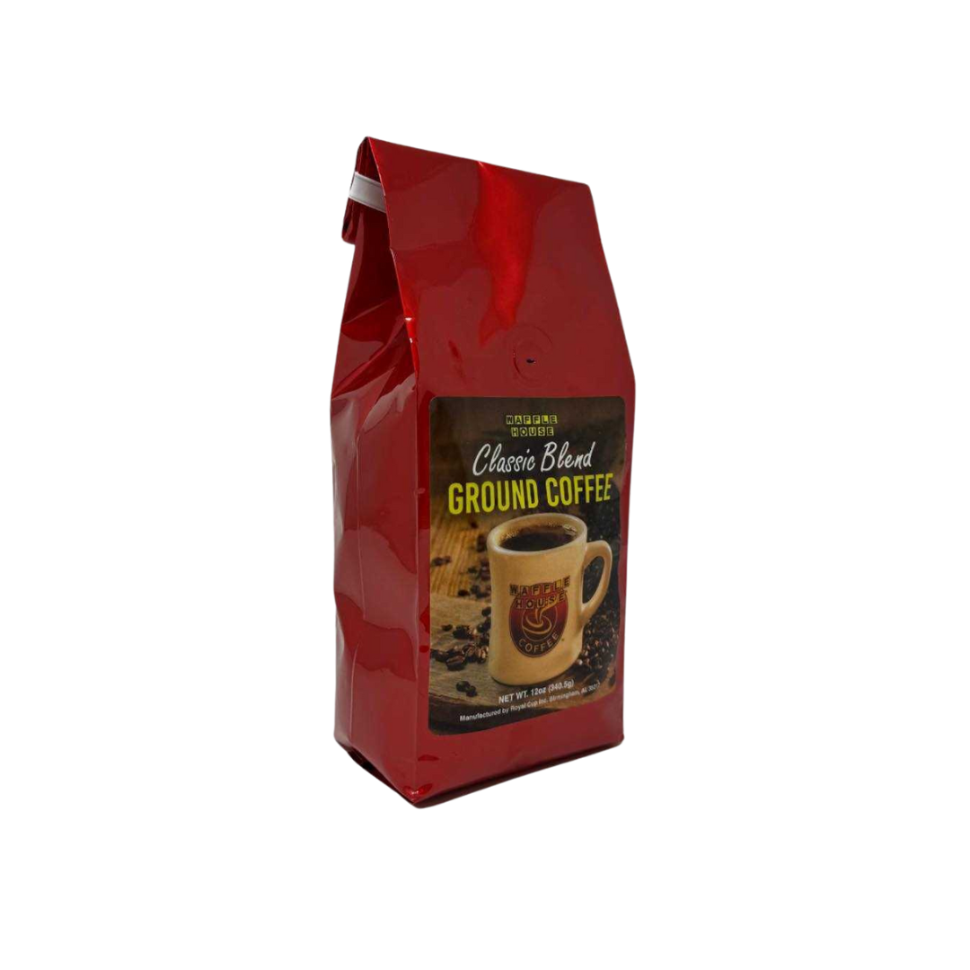 Red bag with Waffle House Classic Blend Ground Coffee printed and a picture of a Waffle House coffee mug on it