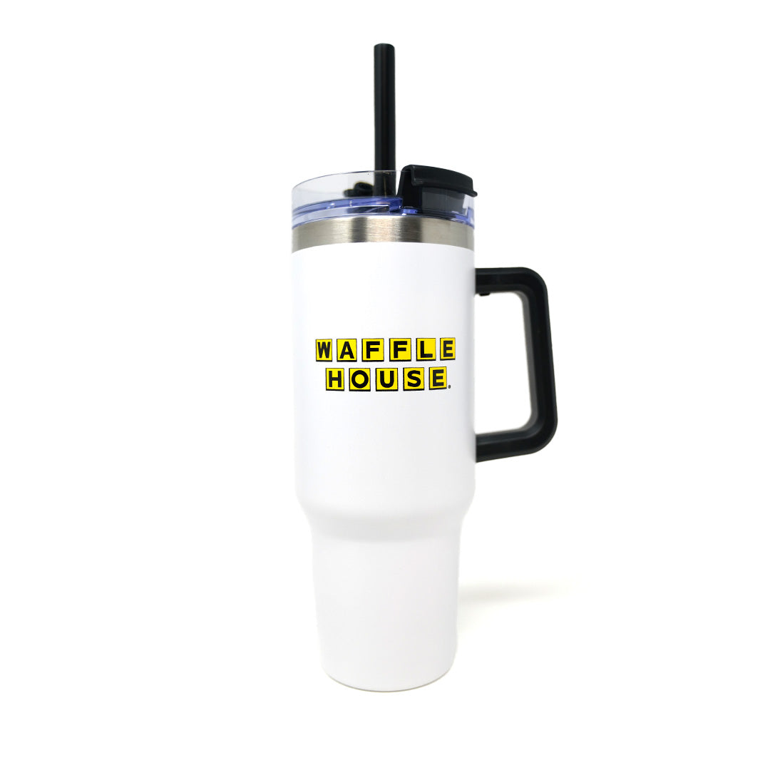 white tumbler with straw with Waffle House logo 