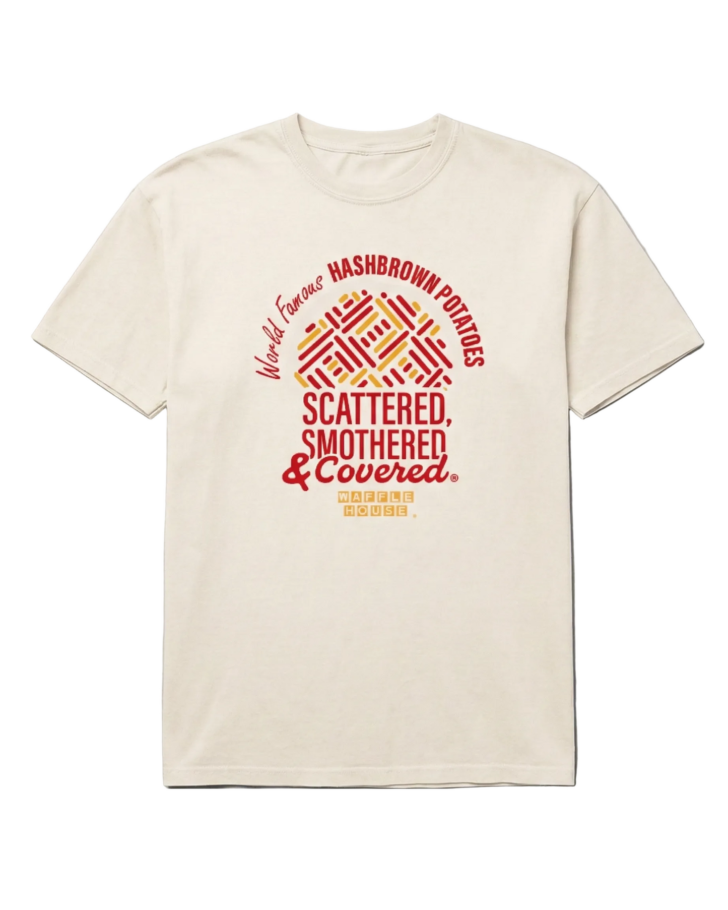A soft cream T-shirt with a red and gold hashbrown graphic and the words “Scattered, Smothered & Covered” in bold lettering.