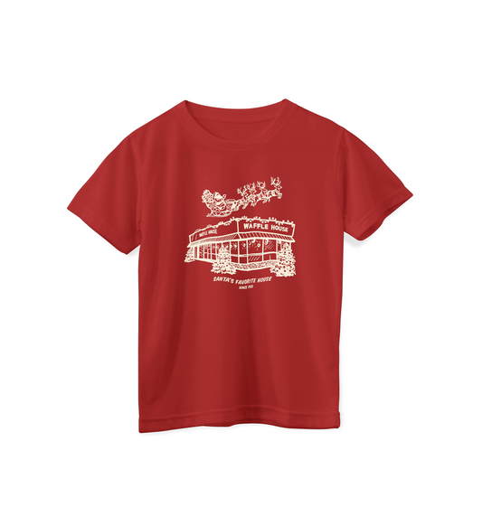 Youth red T-shirt featuring a cream-colored drawing of Santa and his reindeer flying over a snowy Waffle House with the words “Santa’s Favorite House Since 1955.