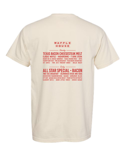 Ivory t-shirt with a red waffle records information on the back