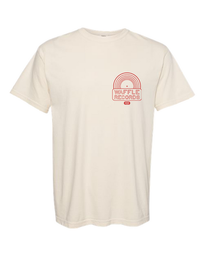 Ivory t-shirt with a red waffle records logo on the front left chest