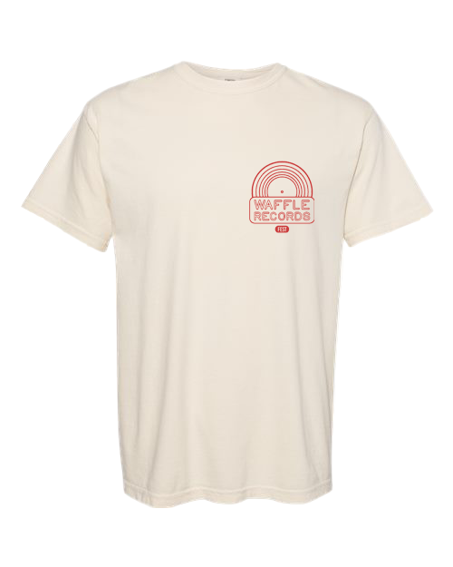 Ivory t-shirt with a red waffle records logo on the front left chest