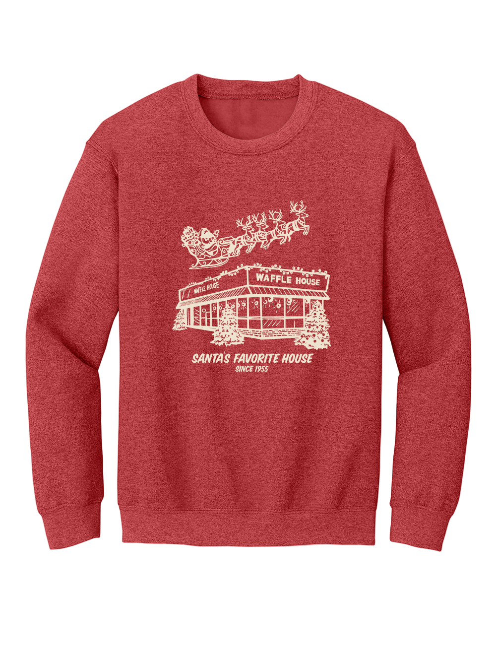 Red sweatshirt featuring a cream-colored drawing of a snowy Waffle House with Santa and his reindeer flying overhead, along with the words “Santa’s Favorite House Since 1955.