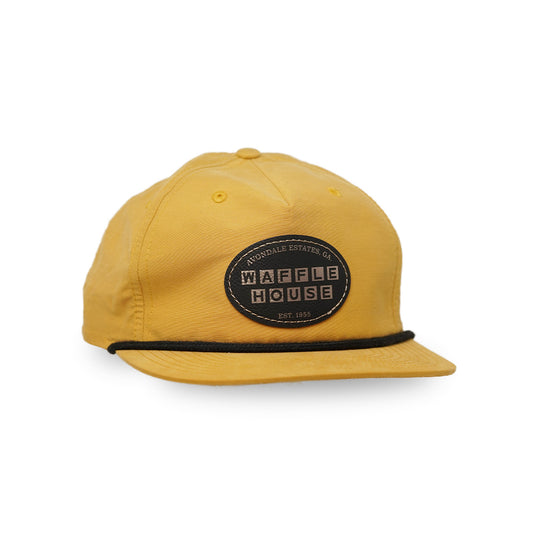 retro yellow rope hat with black rope and black Waffle House patch on the front