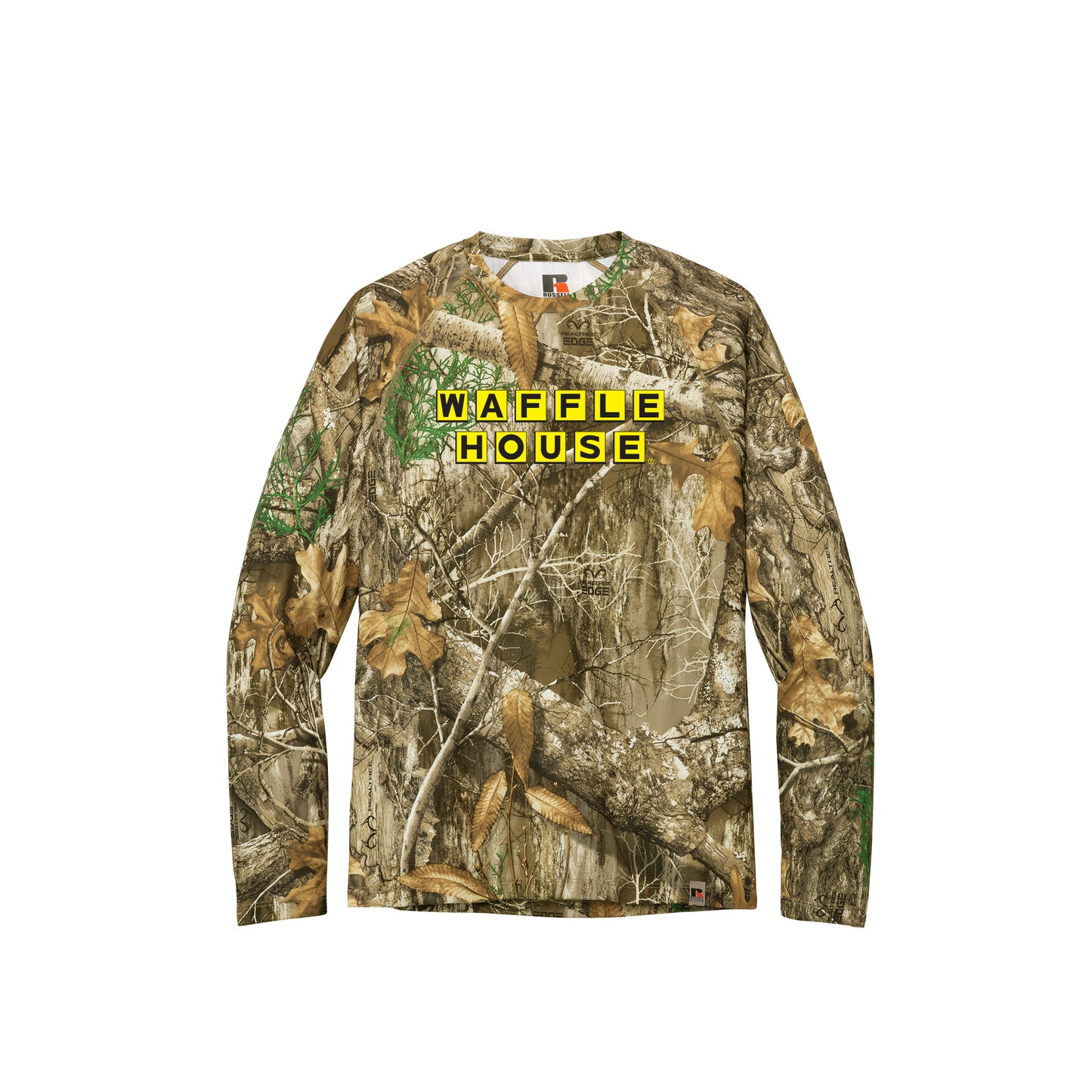 Long sleeve camo shirt with Waffle House printed on it