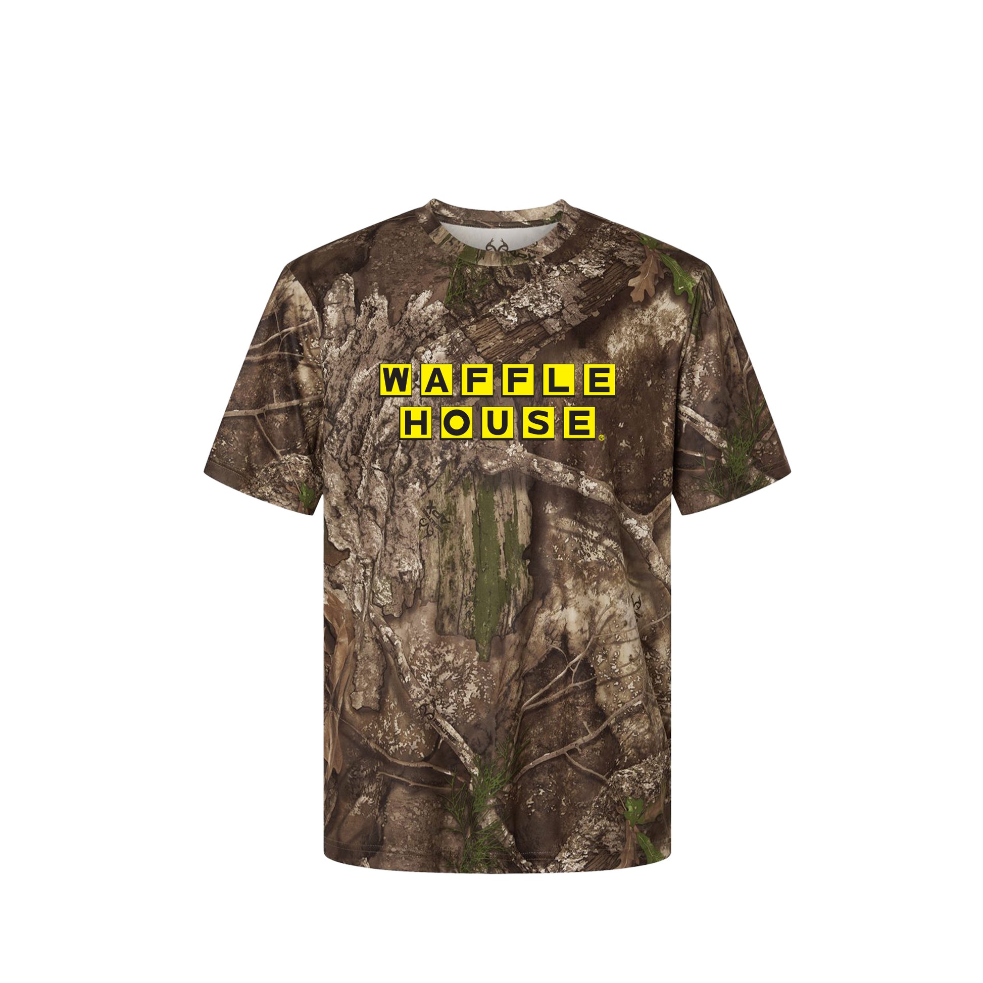 short sleeve camo t shirt with Waffle House printed on the front