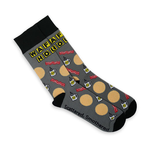 Gray background dress socks with Waffle House logo, bacon, coffee, waffles, etc