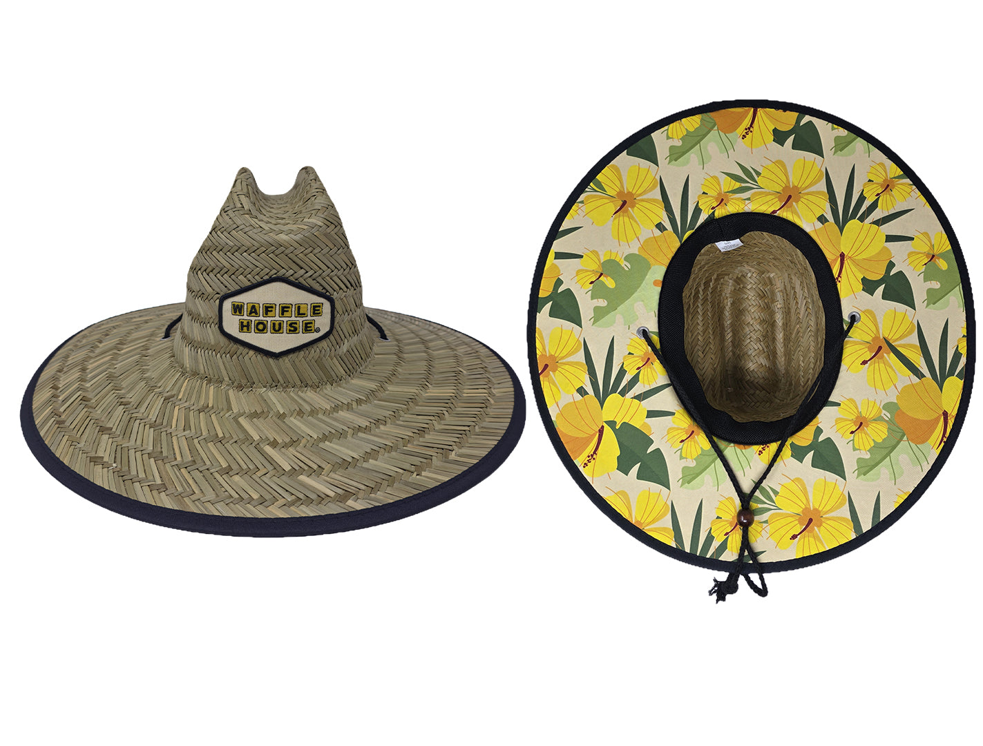 straw hat with waffle house patch with a second image next to it showing a Hawaiin print underbrim