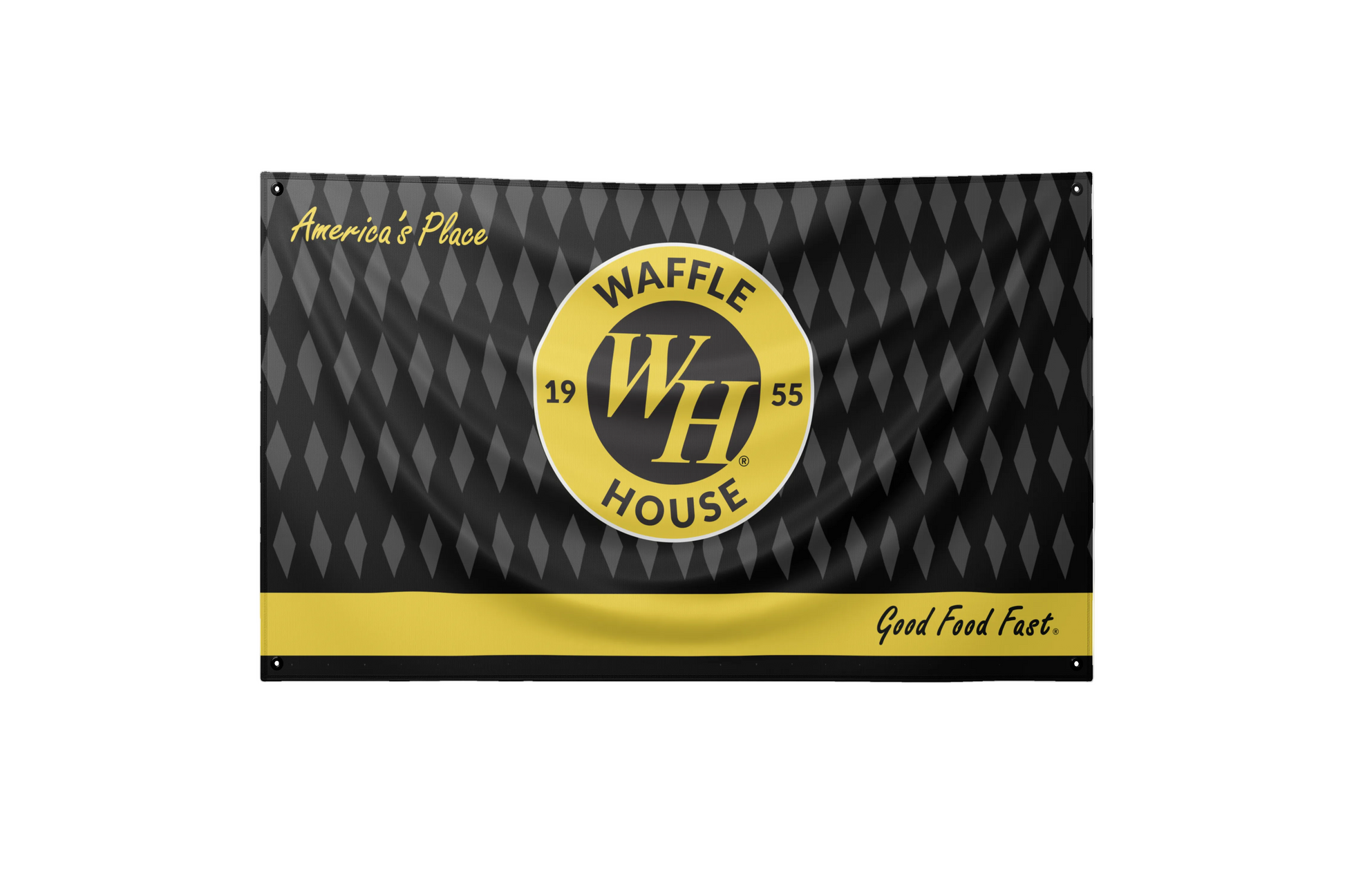 Waffle House branded flag with yellow and black design