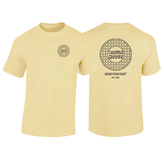 Front of yellow shirt with Waffle House waffle logo on the left chest and the back of the yellow shirt with the same imprint plus Good Food Fast Est 1955" underneath