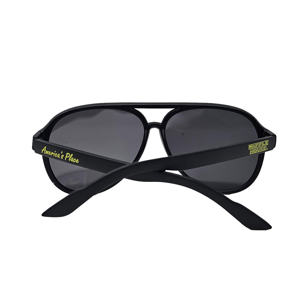 Black sunglasses with Waffle House logo on arm