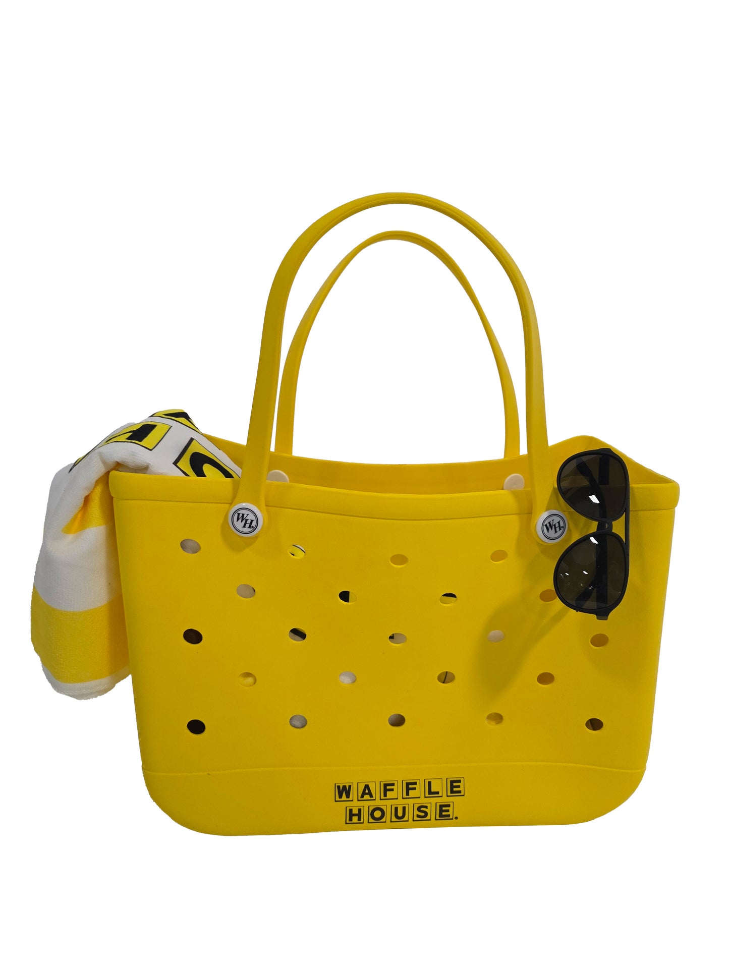 Yellow handbag with polka dot pattern and sunglasses, featuring Waffle House branding.