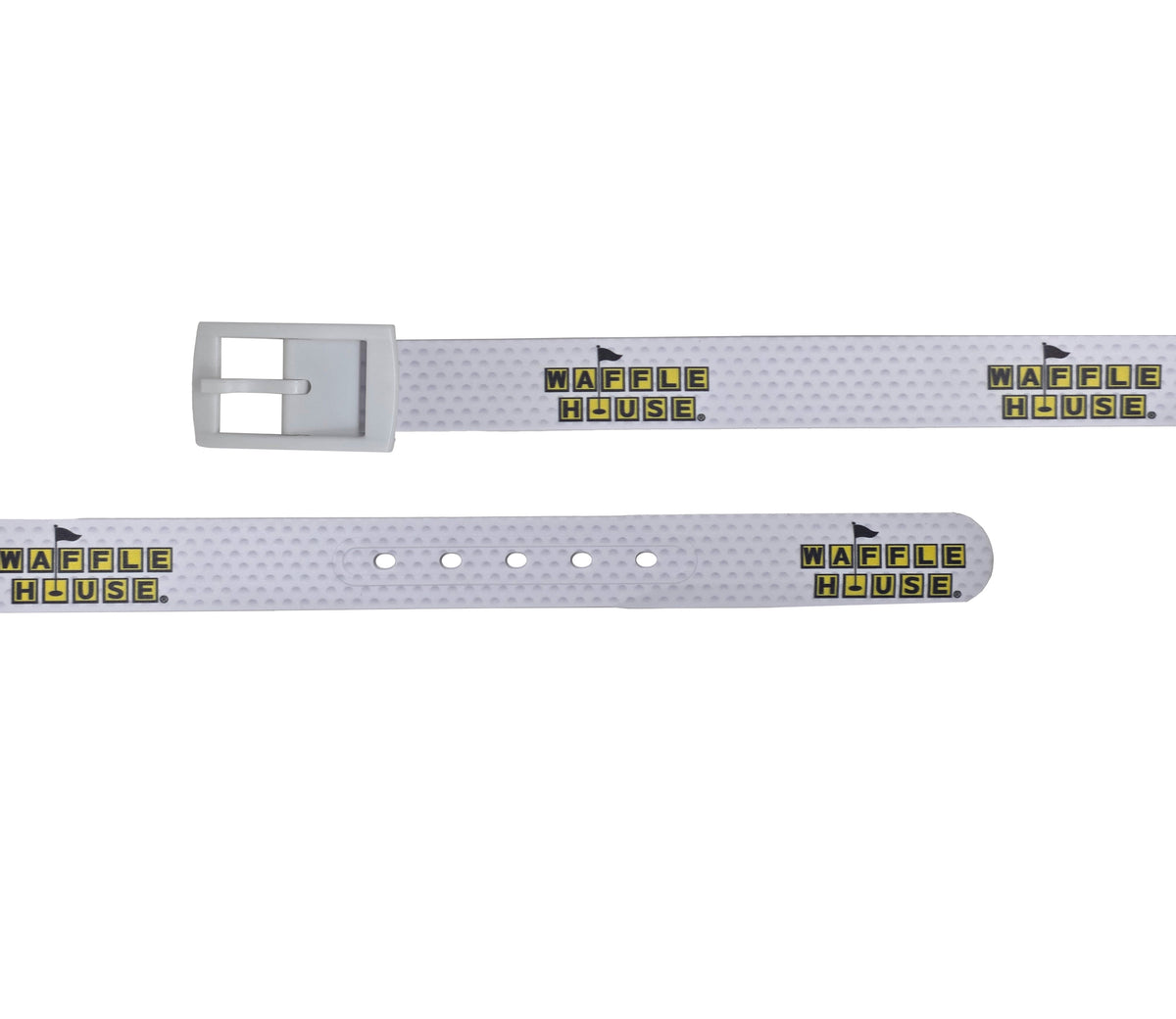 White golf belt laid flat in two straight lengths, showing the buckle end and the hole end. The strap has a golf-ball dimple texture and a repeating yellow and black Waffle House logo, with a golf flag rising from the “O” in HOUSE.