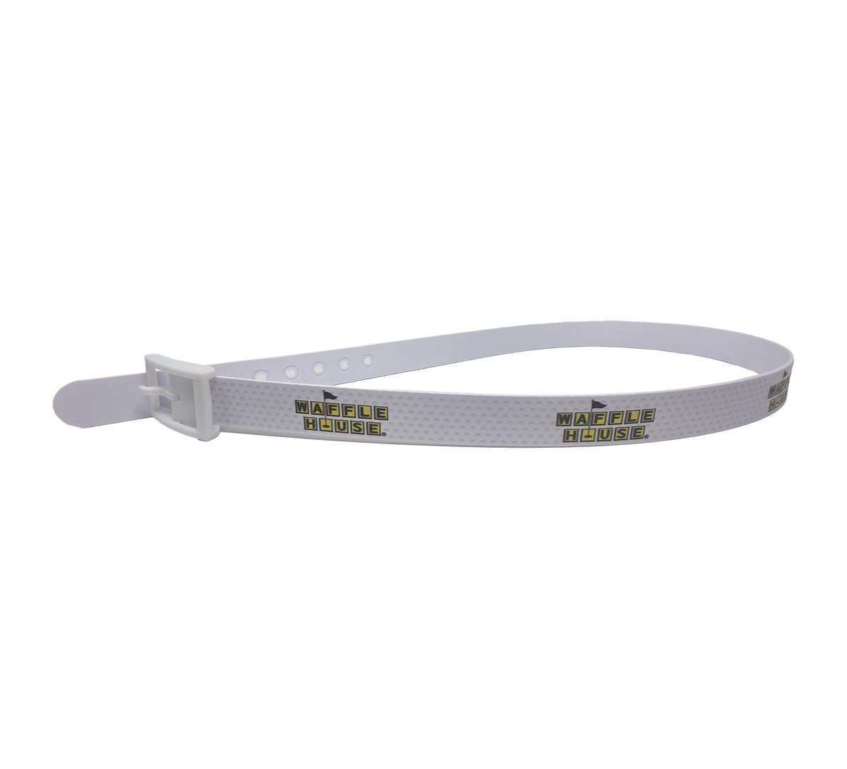 White golf belt buckled into a loop and shown at an angle. Waffle House golf flag logos repeat along the dimpled strap, and the adjustment holes are visible near the buckle.