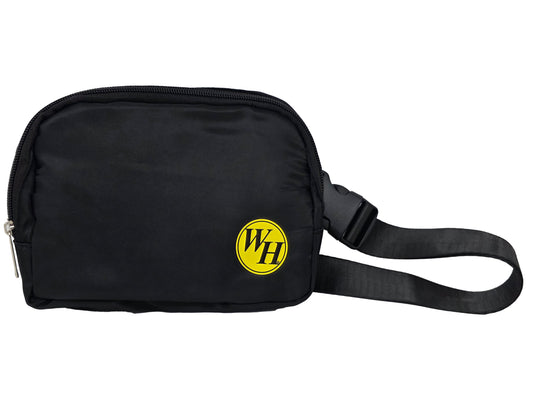 Black belt bag with a yellow logo