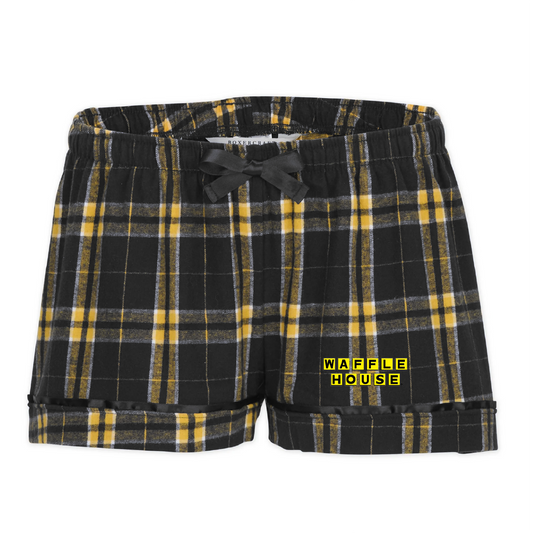 Black and Gold Plaid Women's Flannel Shorts with Waffle House imprint