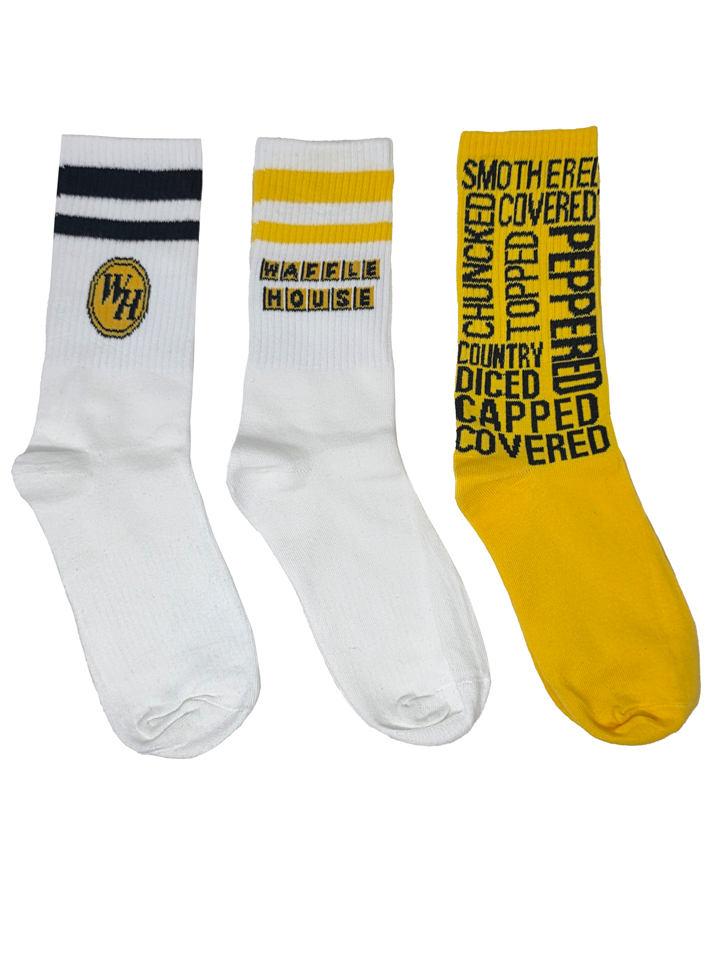 3 Pairs of waffle house crew socks. One white with black stripes and yellow circle logo. One white white yellow stripes with the classic waffle house logo. One yellow with black letters with hash-brown toppings, smothered, covered, chucked, ect.