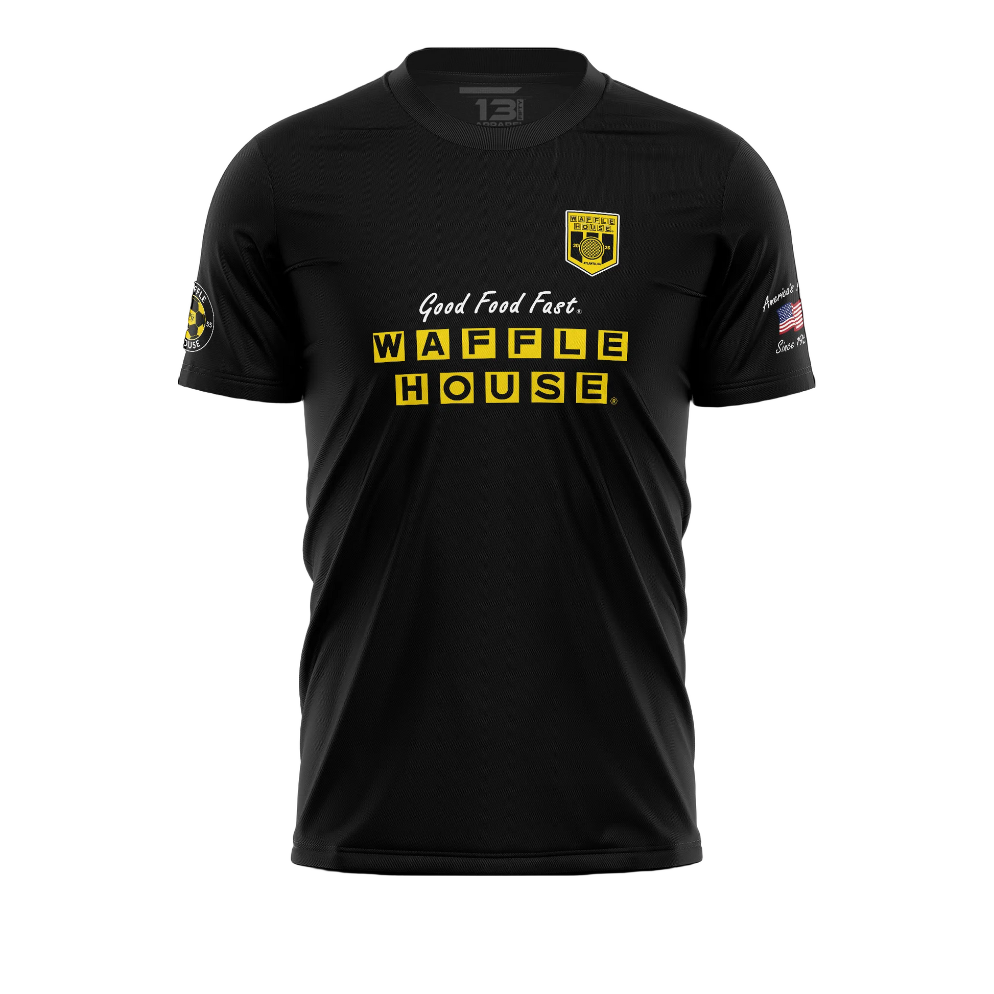 Black t-shirt with yellow and white text and graphics on a white background