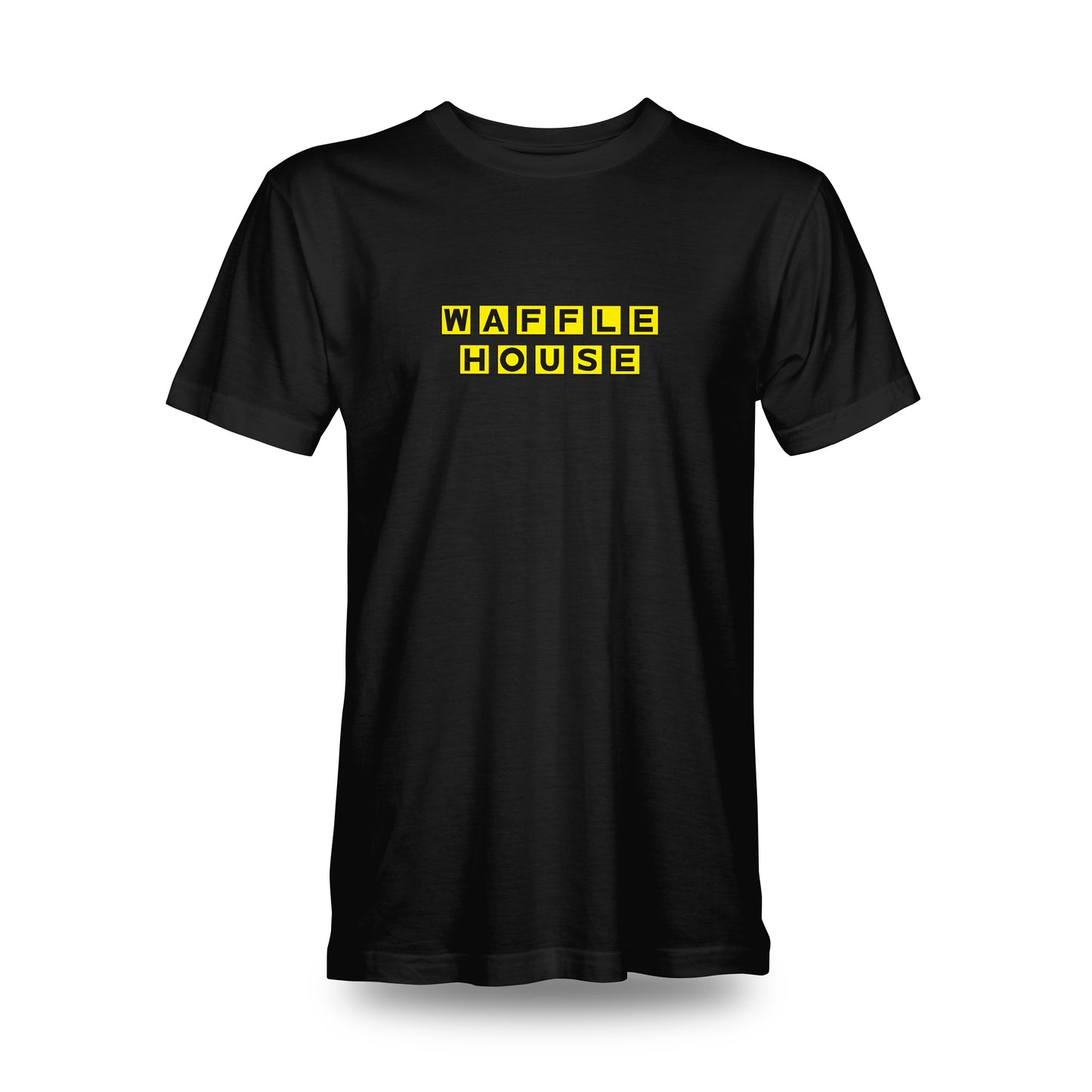 black tshirt with Waffle House yellow logo on the front