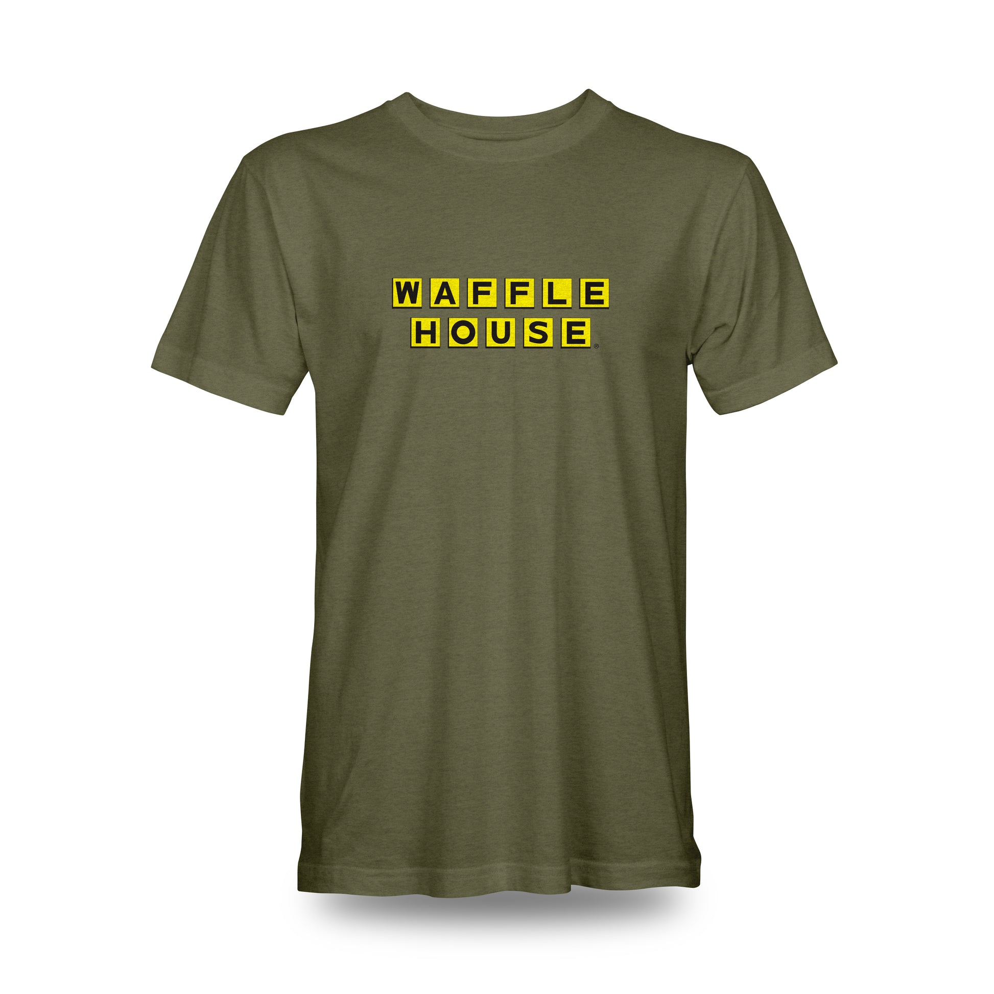 military green tshirt with Waffle House yellow logo on the front