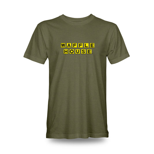 military green tshirt with Waffle House yellow logo on the front