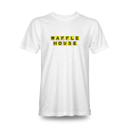 white tshirt with Waffle House yellow logo on the front