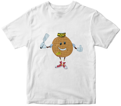White t-shirt with a cartoon Wilson waffle character holding a spatula