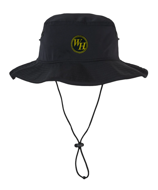 Black bucket hat with a yellow logo on a white background