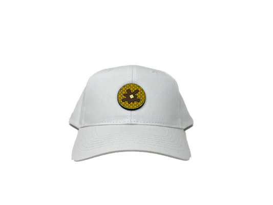 White cap with a circular logo featuring a yellow circle and black design on a white background