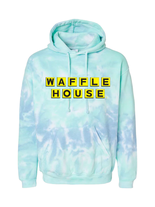 Tie-dye hoodie with 'Waffle House' text on a white background