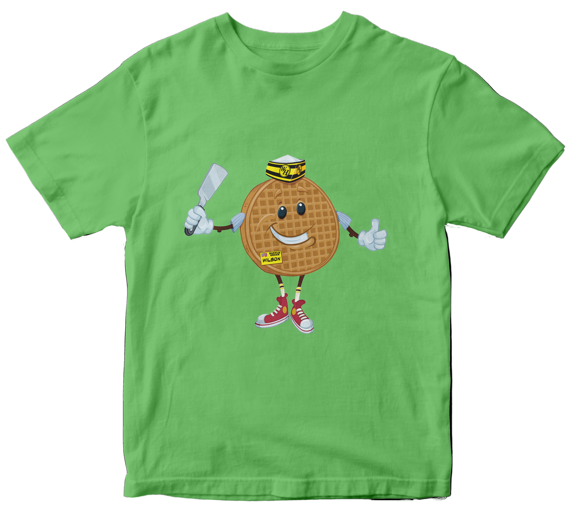 Apple green t-shirt with Wilson Waffle holding a spatula