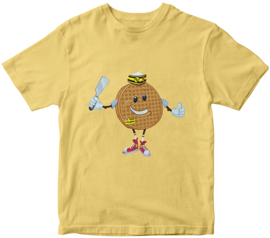Butter yellow t-shirt with a cartoon Wilson waffle character holding a spatula