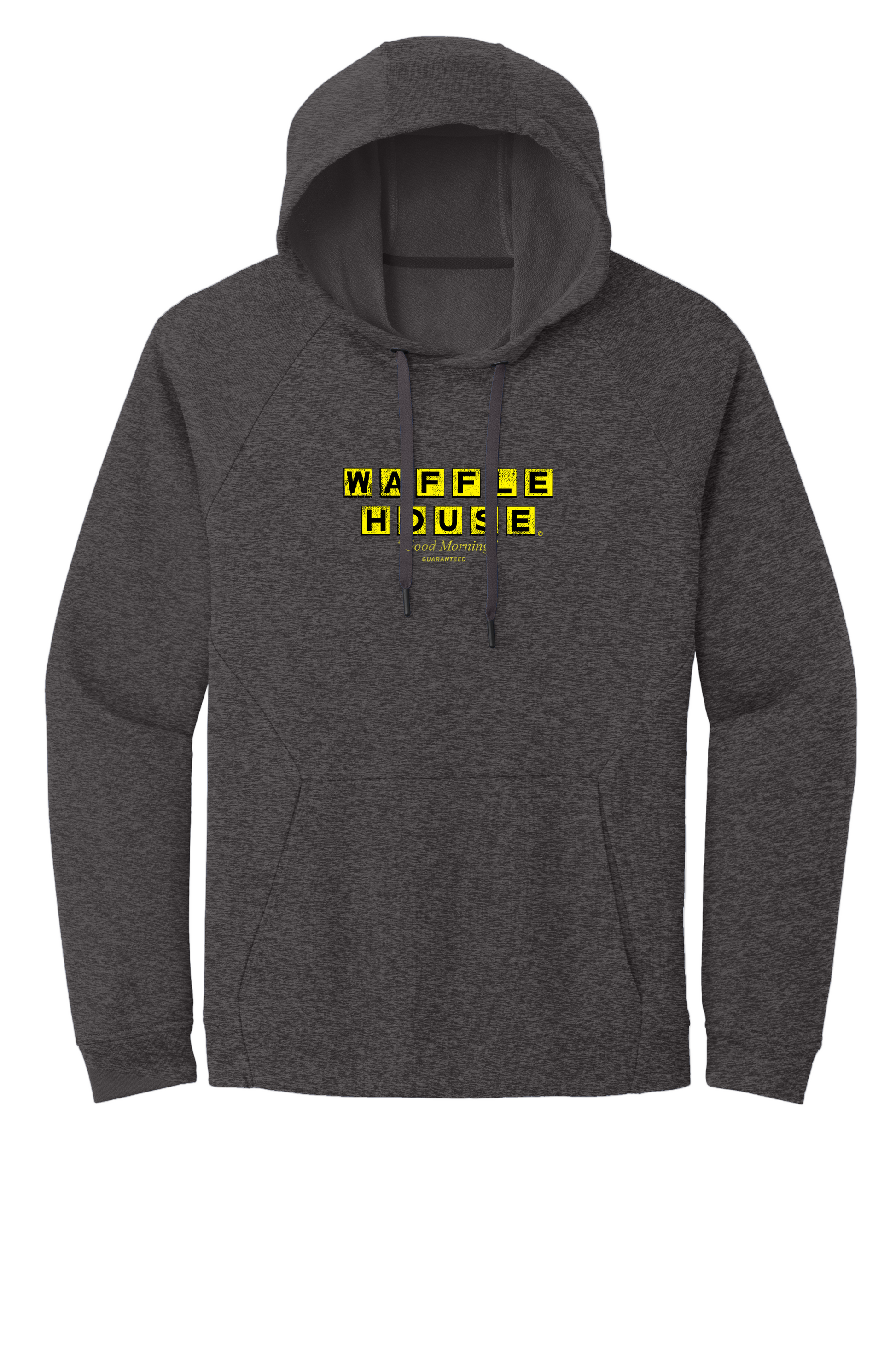dark heather-gray hoodie with a front pocket and the bright yellow Waffle House logo centered on the chest.