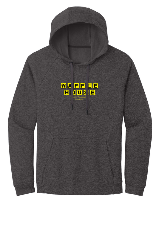 dark heather-gray hoodie with a front pocket and the bright yellow Waffle House logo centered on the chest.