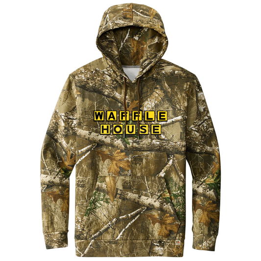 Realtree Camo Hoodie with standard waffle house logo in black and yellow